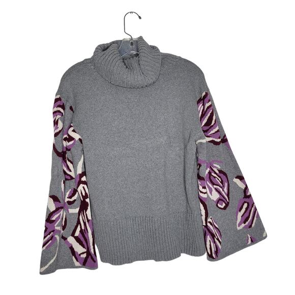 CAbi Eden Pullover Sweater Turtleneck Gray Bell Sleeves Gray Floral Women Medium - Picture 1 of 13